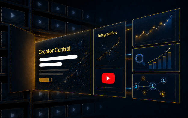 Creator Central analytics dashboard showing infographics, video views, and audience reporting